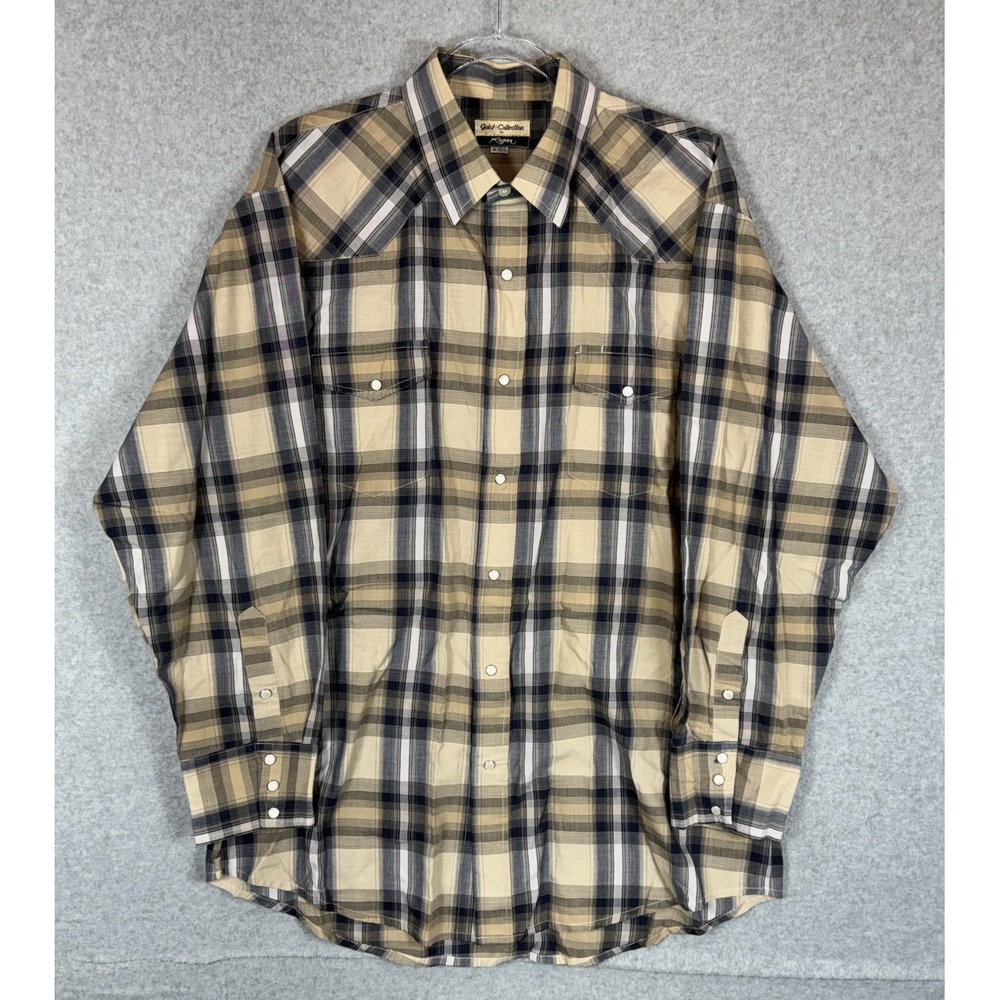 Roper Gold Collection Shirt Mens XL Beige Blue Plaid Pearl Snap Western Cowboy